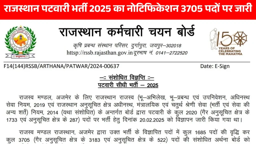 Rajasthan Patwari Recruitment 2025: 3705 पदों पर भर्ती शुरू – आवेदन प्रक्रिया, योग्यता, आयु सीमा और चयन प्रक्रिया की पूरी जानकारी