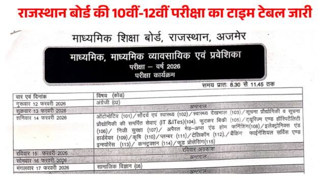 RBSE 10वीं 12वीं टाइम टेबल 2026: PDF डाउनलोड