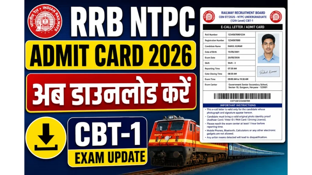 RRB NTPC 12वीं लेवल एडमिट कार्ड 2026 जारी – अभी डाउनलोड करें CBT-1 हॉल टिकट