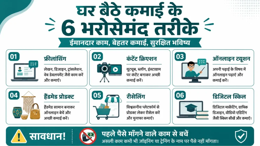 घर बैठे कमाई के छह भरोसेमंद तरीके, फ्रीलांसिंग, कंटेंट क्रिएशन, ऑनलाइन ट्यूशन, हैंडमेड प्रोडक्ट, रीसेलिंग और डिजिटल स्किल