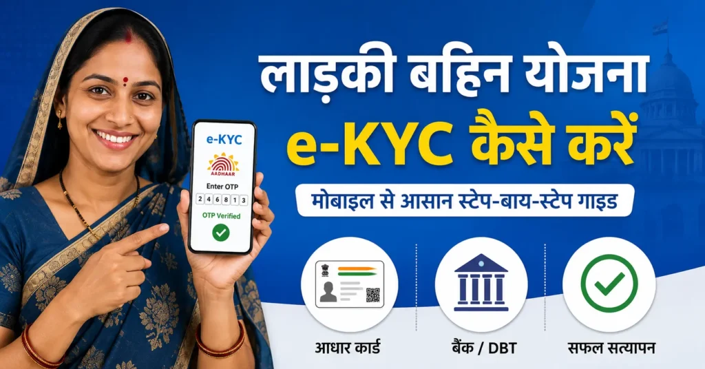 लाड़की बहिन योजना e-KYC कैसे करें, मोबाइल पर आधार OTP सत्यापन, DBT बैंक सीडिंग और ऑनलाइन e-KYC प्रक्रिया दिखाता फीचर्ड बैनर।
